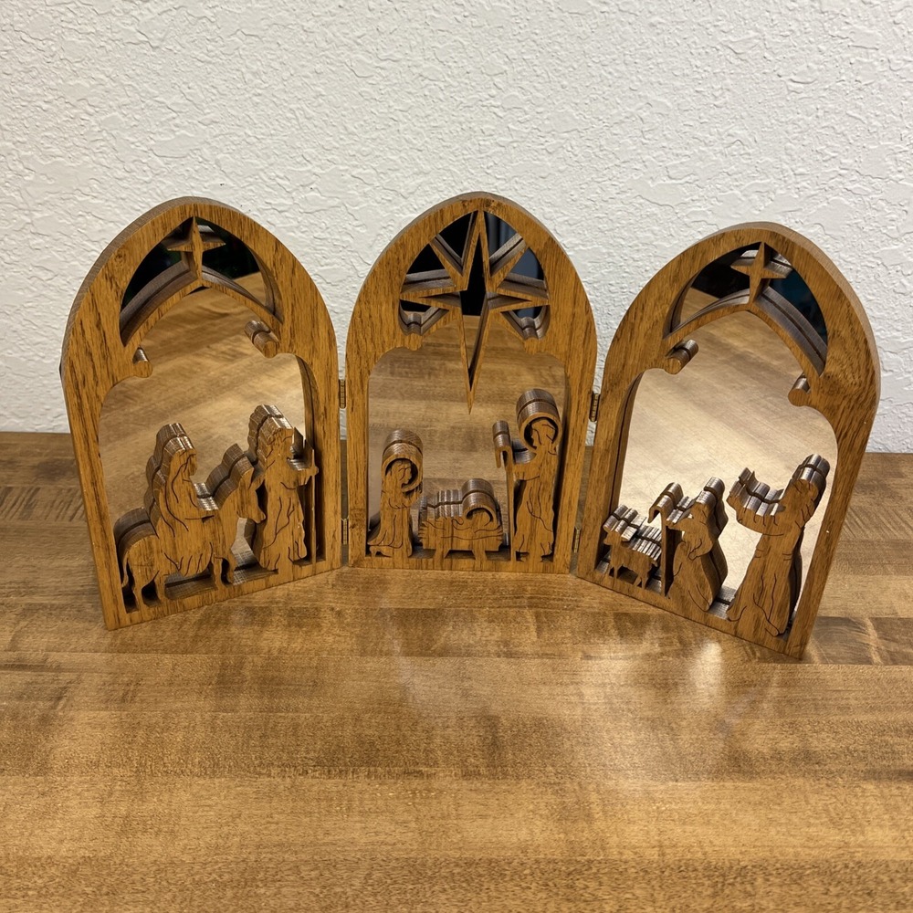Vintage Wood Carved 3 Panel Mirrored Nativity Scene Christmas Holiday Decor